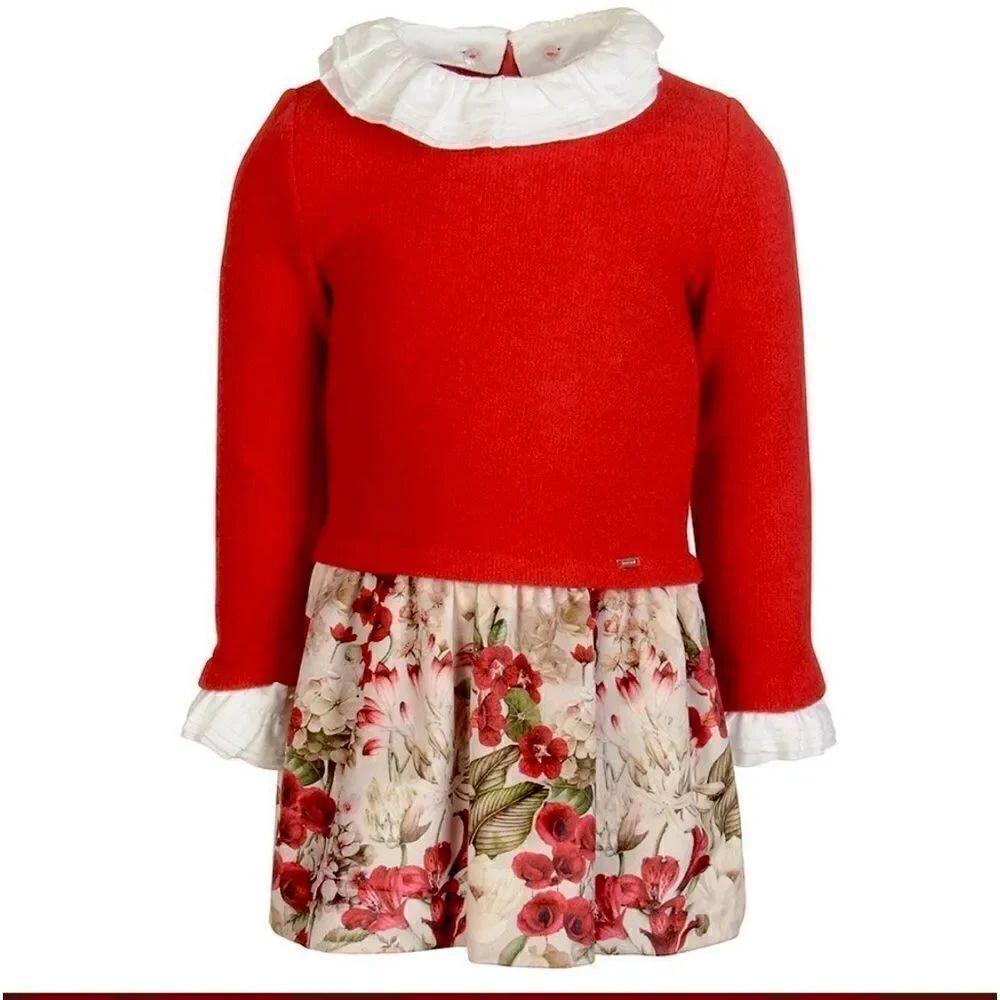 NWT Mayoral Girl’s Red Jumper Dress Floral Skirt Ruffle Collar Cuffs size 3